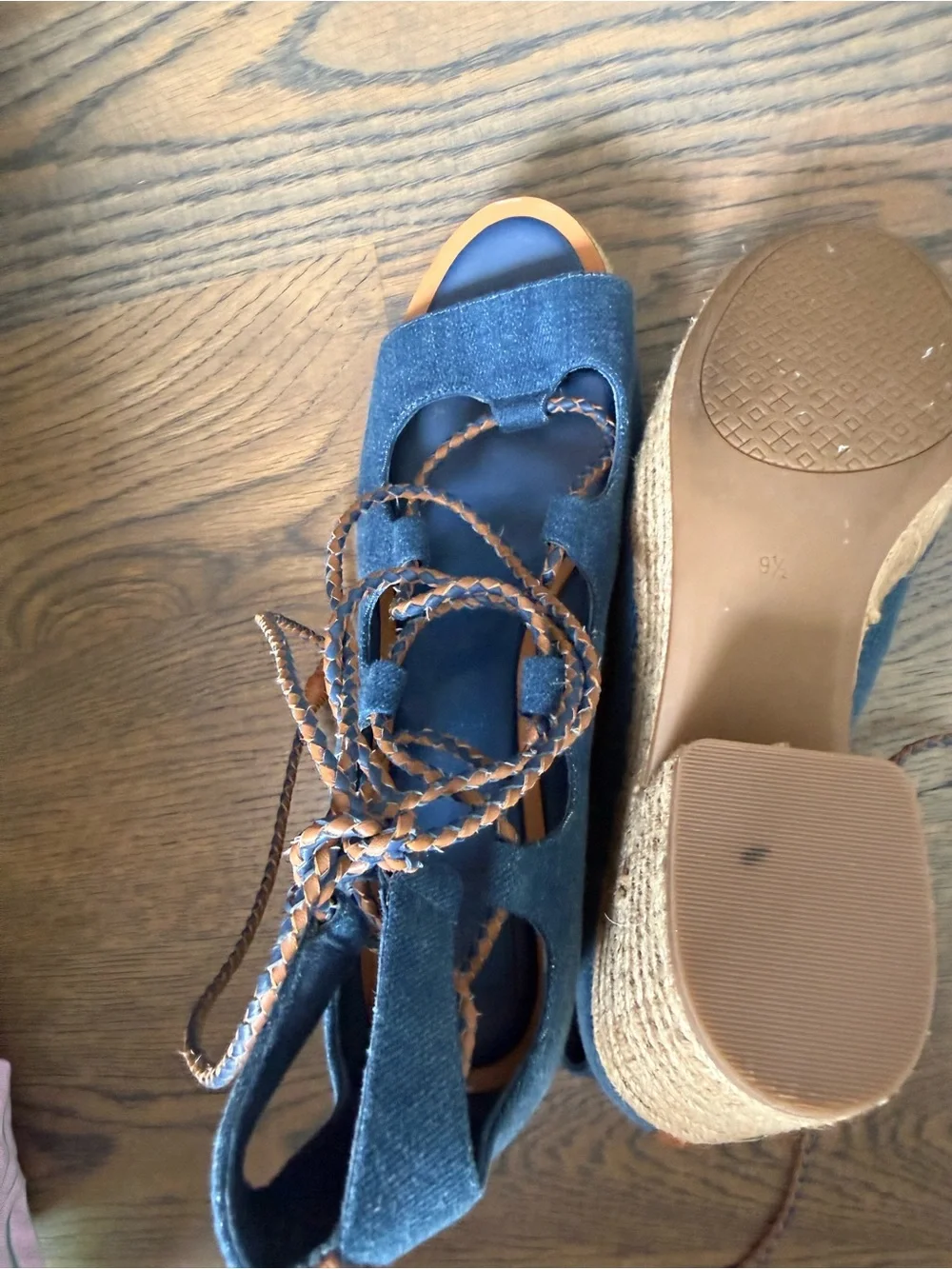 Tory Burch Positano lace-up platform espadrille in denim blue with leather laces